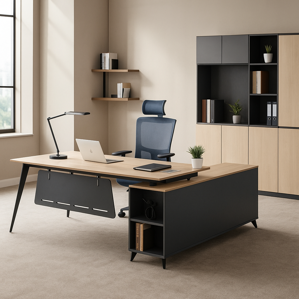 مكتب خشبي تنفيذي - تصميم تخزين مفتوح على شكل حرف L - MD710