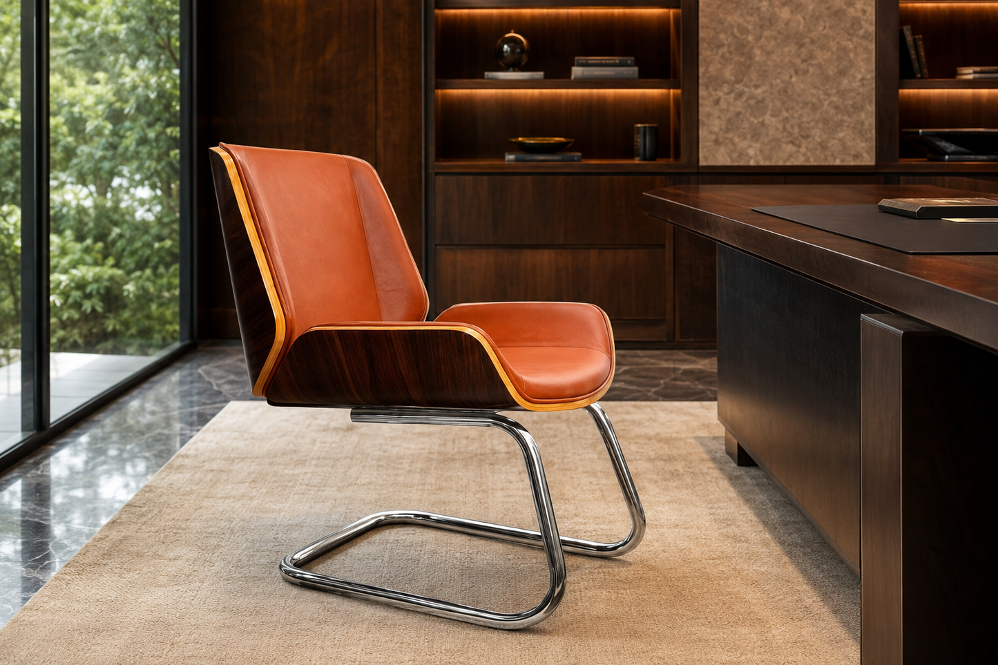 Visitor Chair – Tan Faux Leather, Wooden Frame, Chrome Cantilever Base – CH01V