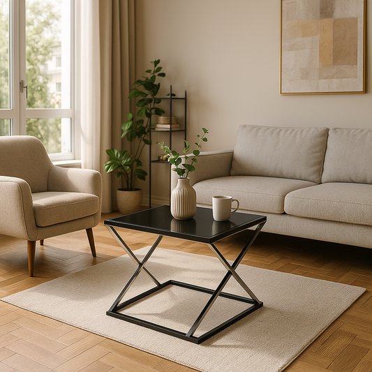 Tea Table – Glass Top with Black Metal X-Frame – TE111