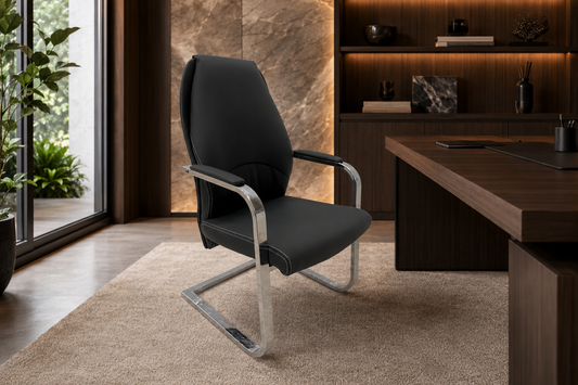 Visitor Chair – Black Faux Leather, Padded Armrests, Chrome Base – CH505V