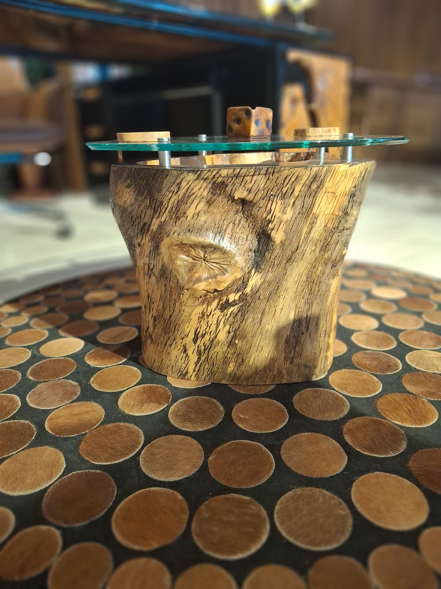 Tea Table – Natural Wood Trunk Base with Tempered Glass Top 60×60cm – TE129
