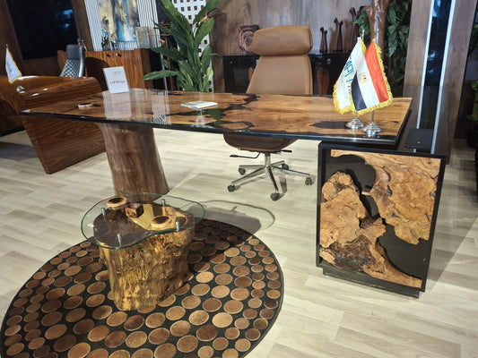 Tea Table – Natural Wood Trunk Base with Tempered Glass Top 60×60cm – TE129
