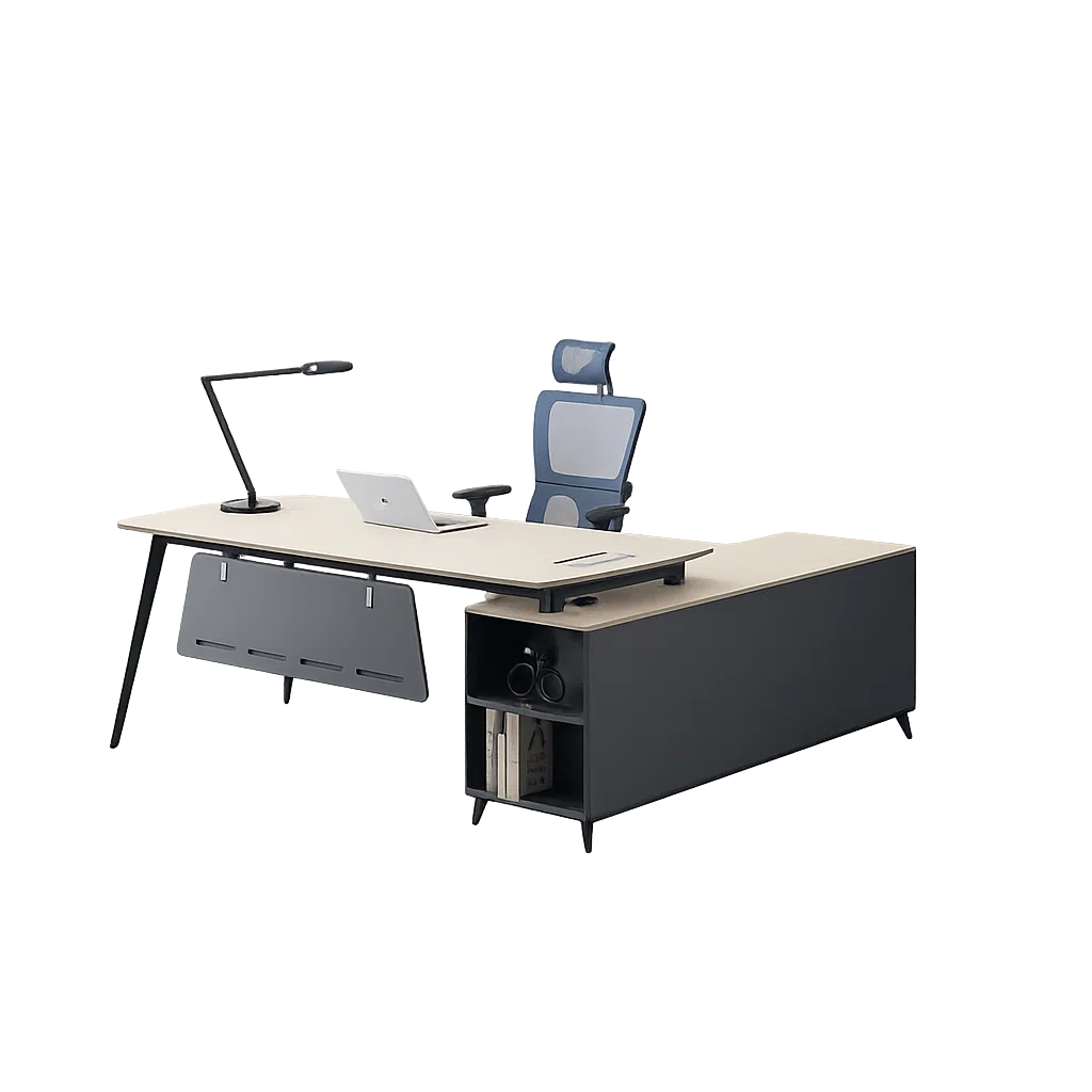 مكتب خشبي تنفيذي - تصميم تخزين مفتوح على شكل حرف L - MD710